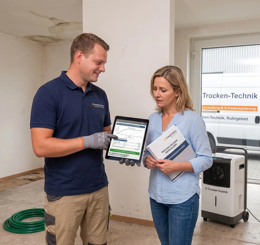 TMR Trocknungstechnik Techniker bespricht digitale Schadensdokumentation und Wasserschaden Ablauf mit Kundin in Oberhausen